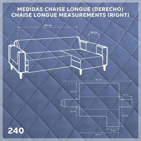 Textilhome - Pokrowiec na sofę MALU, 3 Osobowa, Dwustronny naroznik 240 cm