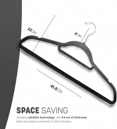 Zestaw 30 Czarnych Wieszaków Welurowych - Ultracienkie Antypoślizgowe Mocne
