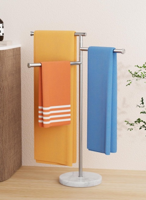 KES wieszak na ręczniki łazienkowe 3 drążki- srebrny marmurowa podstawa