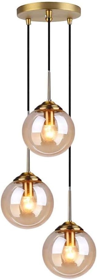 Lampa wisząca w stylu retro, z 3 lampkami, szklana kula, mosiężne okucia