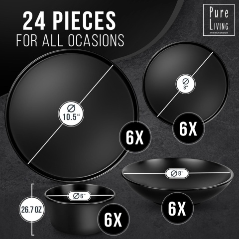 Manhattan Czarny zestaw naczyń dla 6 osób, 24-częściowy, z kamionki