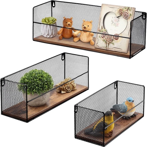 PÓŁKI ŚCIENNE HORLIMER 3 szt. czarne metal + drewno, styl rustykalny