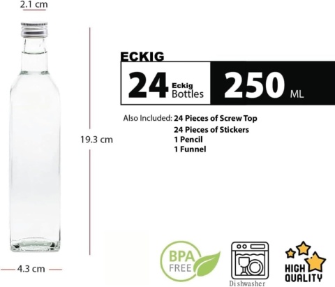 Szklana butelka 250 ml + zakrętka - 24 sztuki plus etykiety i lejek