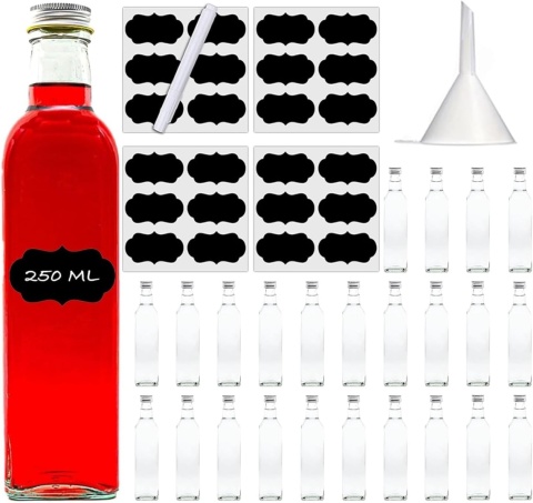 Szklana butelka 250 ml + zakrętka - 24 sztuki plus etykiety i lejek