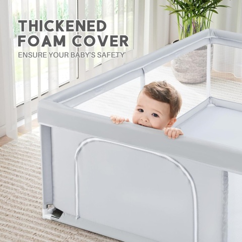 BEJOY Duży kojec dla niemowląt 180 x 200 cm z siatką i piankową ochroną