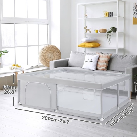 BEJOY Duży kojec dla niemowląt 180 x 200 cm z siatką i piankową ochroną