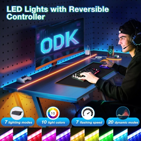 BIURKO GAMERSKIE LED 80X50CM GNIAZDKO CZARNE