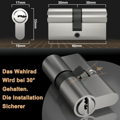 Cylinder zamka 30/30, zamek bębenkowy z 5 kluczami