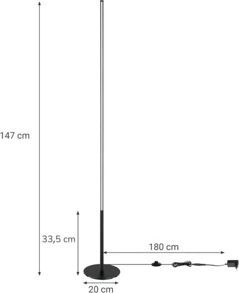 EDISHINE Lampa Podłogowa LED 3000K, 147 cm, ściemnialna z Przełącznikiem