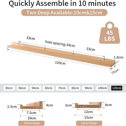 GIEANOO PŁYWAJĄCA PÓŁKA Z LITEGO DREWNA DĘBOWEGO 120 X 10 CM NATURALNY DĄB