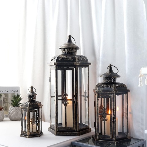 LATARNIA DEKORACYJNA ZESTAW 3 SZTUK METALOWA SZKLANA WEWNĘTRZNA