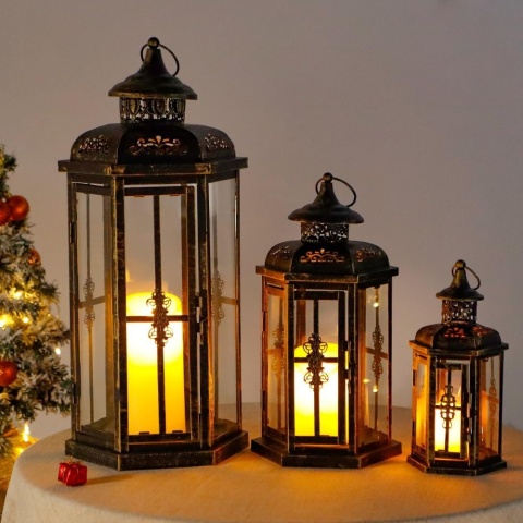 LATARNIA DEKORACYJNA ZESTAW 3 SZTUK METALOWA SZKLANA WEWNĘTRZNA