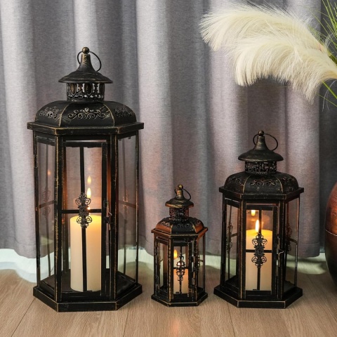 LATARNIA DEKORACYJNA ZESTAW 3 SZTUK METALOWA SZKLANA WEWNĘTRZNA