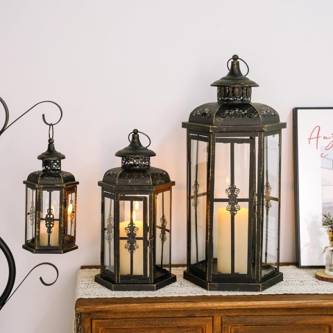 LATARNIA DEKORACYJNA ZESTAW 3 SZTUK METALOWA SZKLANA WEWNĘTRZNA