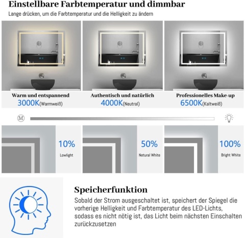 LUSTRO LED PODŚWIETLANE 50x70 WŁĄCZNIK DOTYKOWY