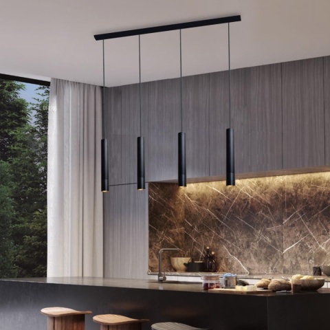 Lampa wisząca LED do jadalni, czarna, 4-punktowa , drewno