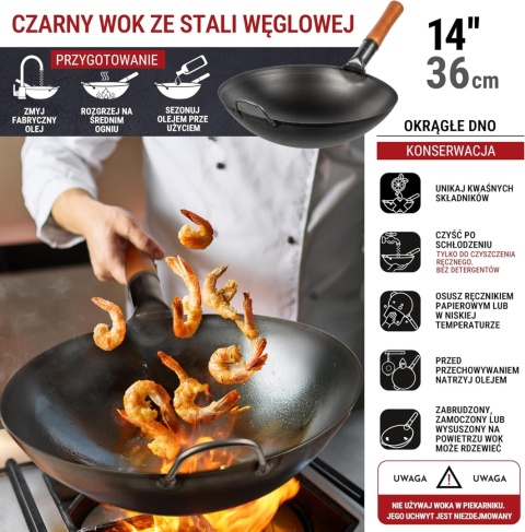 TRADYCYJNY WOK ZE STALI RĘCZNIE MŁOTKOWANY 36CM