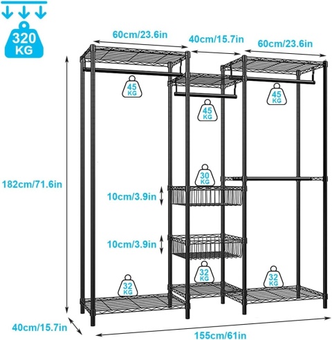 Wieszak na ubrania z półkami na buty, metalowy wieszak na ubrania