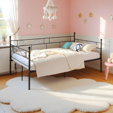 CZARNE ŁÓŻKO METALOWE JEDNOOSOBOWE ZE STELAŻEM RAMA ŁÓŻKA SERCE 90X200cm