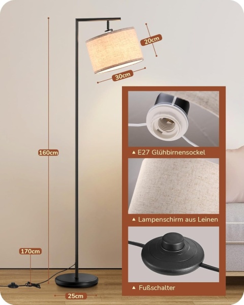 EDISHINE Lampa podłogowa do salonu 160 cm nowoczesna z beżowym kloszem