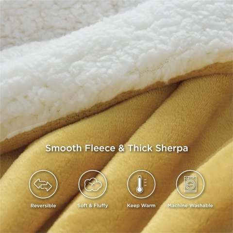 Koc z kożuszkiem ciepły na sofę kanapę żółty 150x200 cm BEDSURE