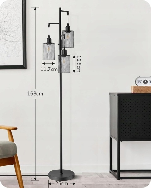 Lampa stojąca 163 cm, ściemniana, 3 klatki, E27, czarna, retro EDISHINE