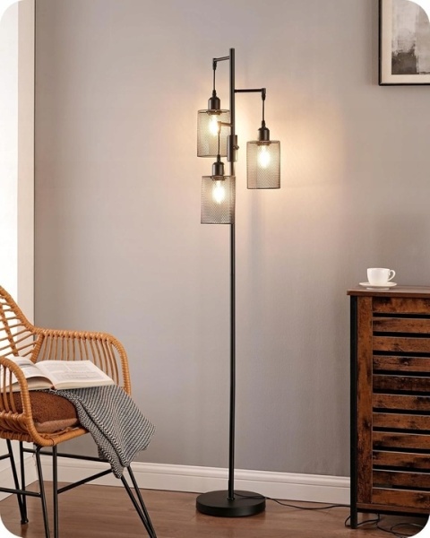 Lampa stojąca 163 cm, ściemniana, 3 klatki, E27, czarna, retro EDISHINE