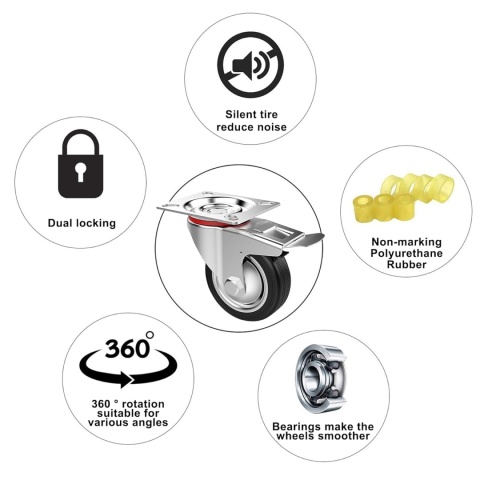 OMECO zestaw 4 gumowych kół transportowych 75 mm z hamulcami nośność 200 kg