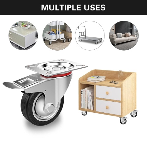 OMECO zestaw 4 gumowych kół transportowych 75 mm z hamulcami nośność 200 kg