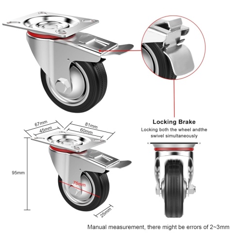 OMECO zestaw 4 gumowych kół transportowych 75 mm z hamulcami nośność 200 kg
