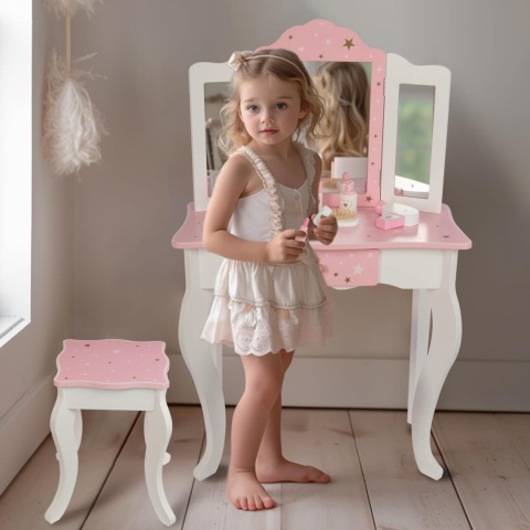 Różowa dziecięca toaletka księżniczki z składanym lustrem, taboretem, szufladą