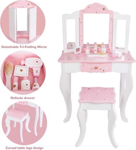 Różowa dziecięca toaletka księżniczki z składanym lustrem, taboretem, szufladą
