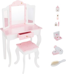 Różowa dziecięca toaletka księżniczki z składanym lustrem, taboretem, szufladą