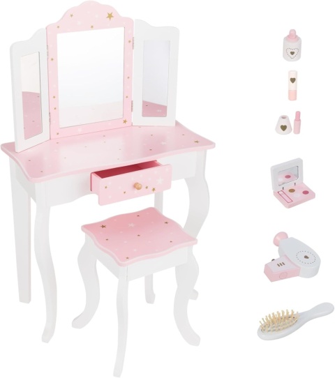 Różowa dziecięca toaletka księżniczki z składanym lustrem, taboretem, szufladą