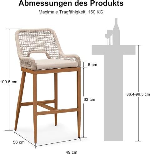 Stołek Barowy – Zestaw 2 sztuk z aluminiową ramą i rattanowym wykończeniem