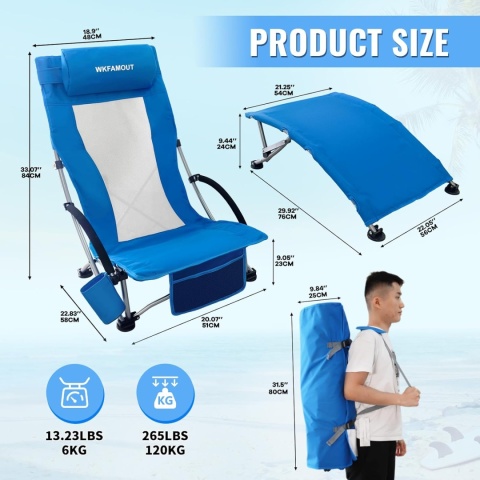 Zestaw 2 składanych krzeseł plażowych do 120 kg z wysokim oparciem WKFAMOUT