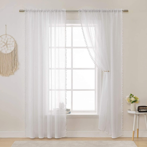 MIULEE Firany zasłony z woalu, z pomponami, 2 szt.245 x140 cm, białe MIULEE Firany zasłony z woalu, z pomponami, 2 szt.245 x140 cm, białe