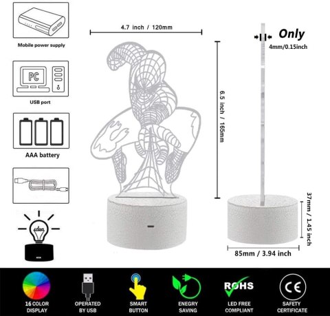 ONXE Lampka nocna 3D Superbohatera, Spiderman LED ONXE Lampka nocna 3D Superbohatera, Spiderman LED