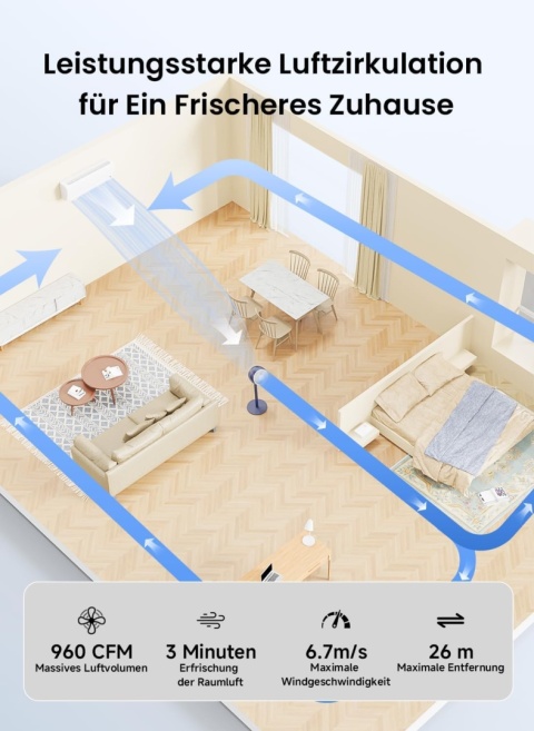 AIRMATE Wentylator stojący 25 dB, cichy, odległość nawiewu 26 m, 1600 m³/h