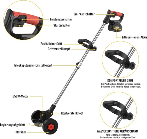 Akumulatorowa podkaszarka do trawy 600 W, z 2 x akumulatorem 4000 Ah, 21 V