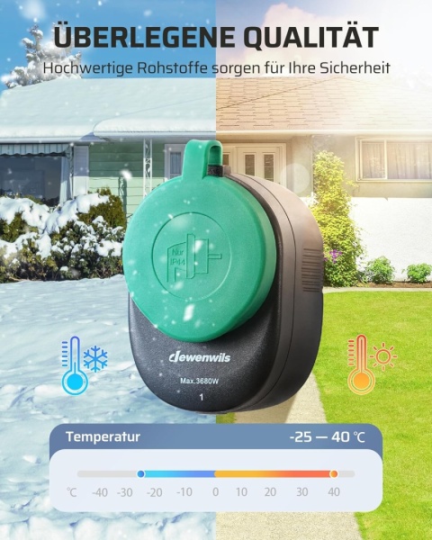 DEWENWILS Gniazd0 radiowe z pilotem zdalnego sterowania, zewnętrzne, 16 A, 3680 W, IP44