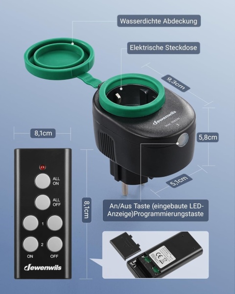 DEWENWILS Gniazda radiowe z pilotem zdalnego sterowania, zewnętrzne, 16 A, 3680 W, IP44