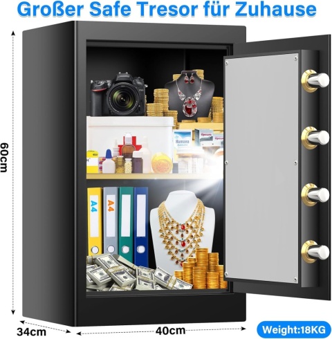 Duży ognioodporny sejf Mejasg 80L z torbą na dokumenty 60 x 40 x 34 cm