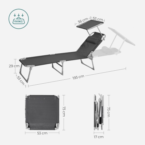 Songmics Leżak z Daszkiem, Szary, 193 x 30 x 62 cm