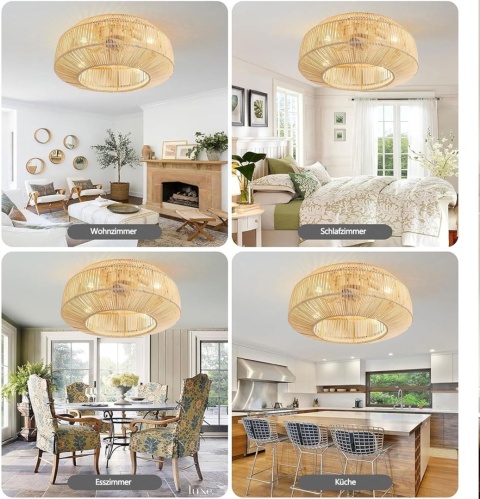 Wentylator sufitowy z oświetleniem rattanowy bambusowy z pilotem 6 prędkości