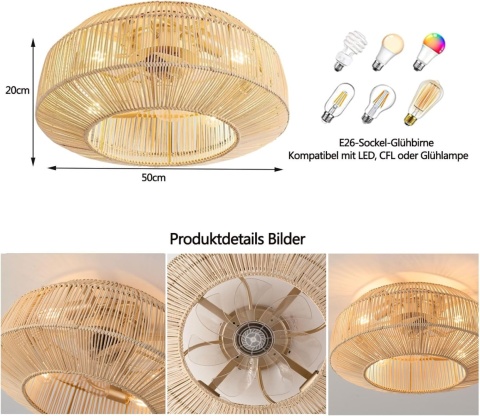 Wentylator sufitowy z oświetleniem rattanowy bambusowy z pilotem 6 prędkości