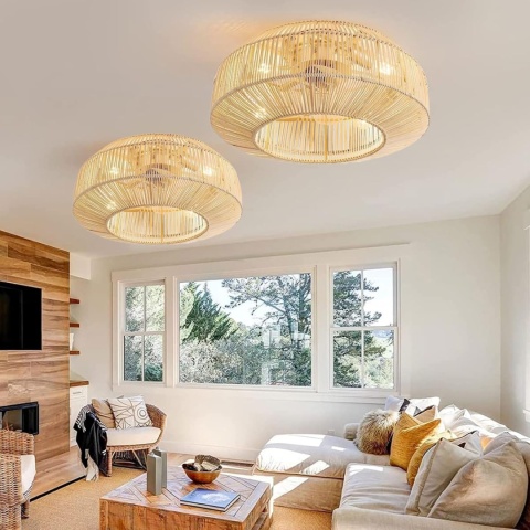 Wentylator sufitowy z oświetleniem rattanowy bambusowy z pilotem 6 prędkości