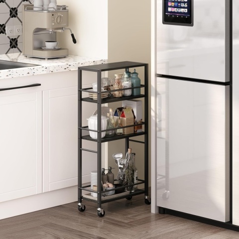 Wózek do serwowania na kółkach, wózek z 4 poziomami drewno i metal