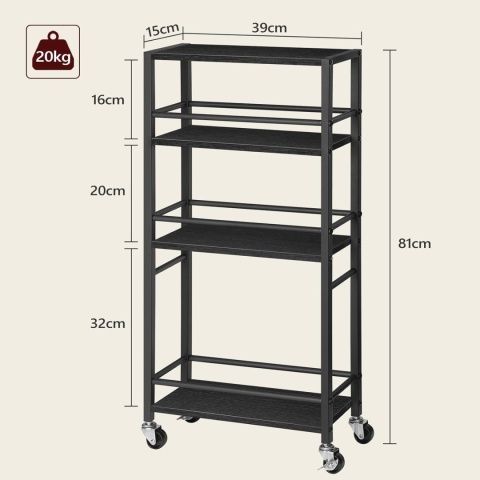 Wózek do serwowania na kółkach, wózek z 4 poziomami drewno i metal