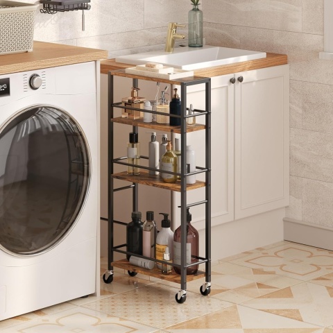 Wózek do serwowania na kółkach, wózek z 4 poziomami drewno i metal